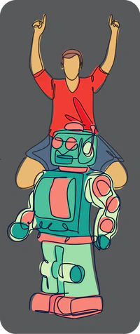 human with hands pointing to the sky, riding an upright robot piggy-back