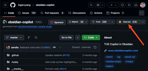 screenshot of the copilot github page with the 'star' pointed out