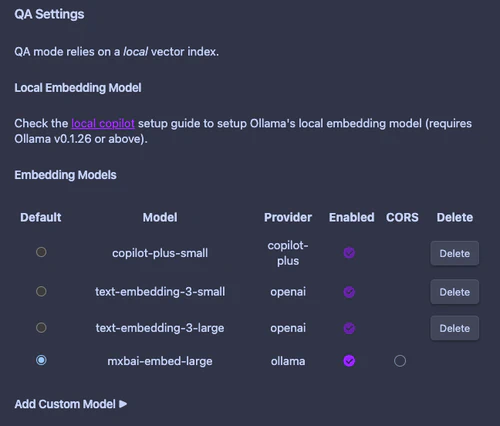 screenshot of the embedding model setup