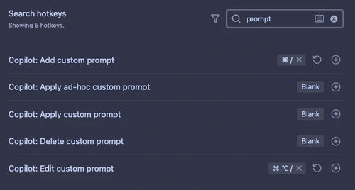 screenshot of Copilot prompt hotkey commands