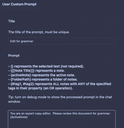 Screenshot of custom prompt creation window