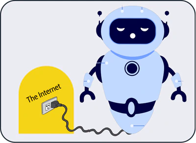 Robot plugging itself in to a port labelled 'The Internet'