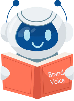 A robot reading a book titled Brand Voice